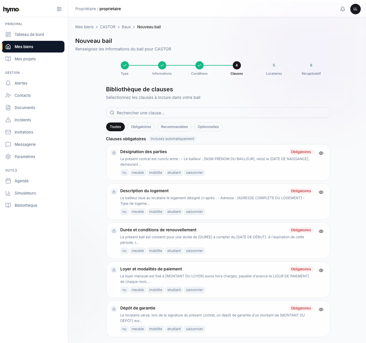 Bibliothèque de clauses avec filtres obligatoires, recommandées et optionnelles