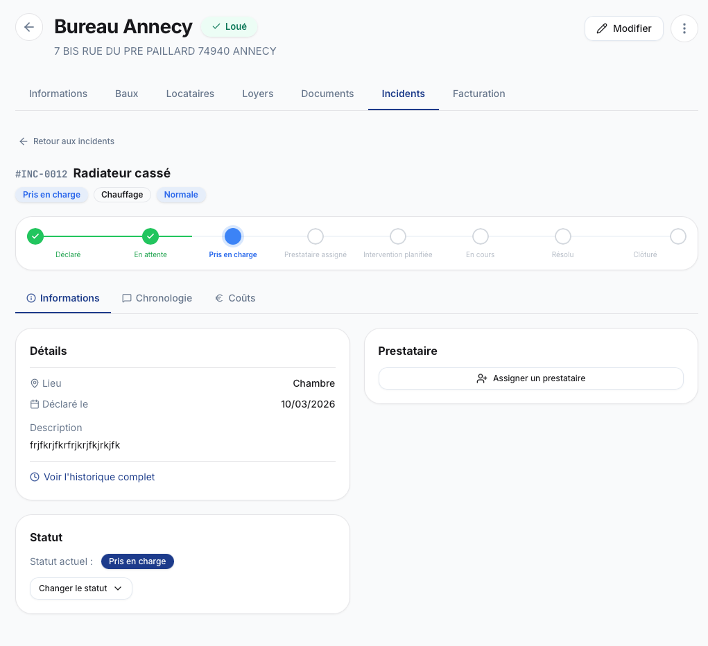 Détail d'un incident avec timeline 8 étapes et suivi du statut