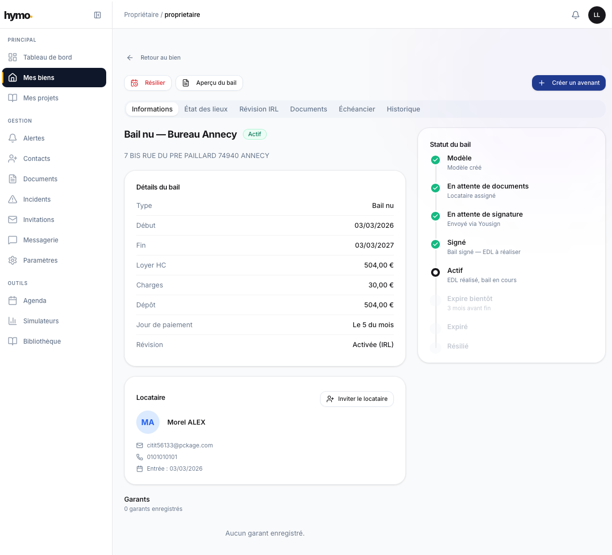 Détail du bail avec timeline de statut et informations complètes