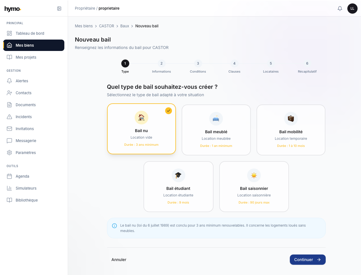 Assistant de création de bail avec sélection du type de bail