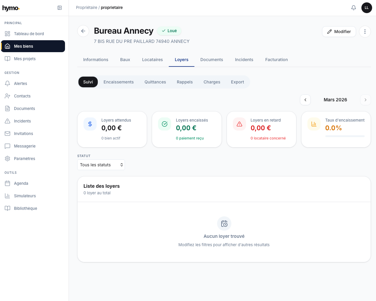 Dashboard de suivi des loyers avec KPIs et navigation mensuelle
