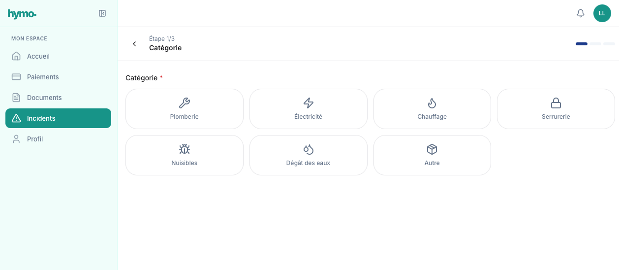 Portail locataire - sélection de la catégorie d'incident
