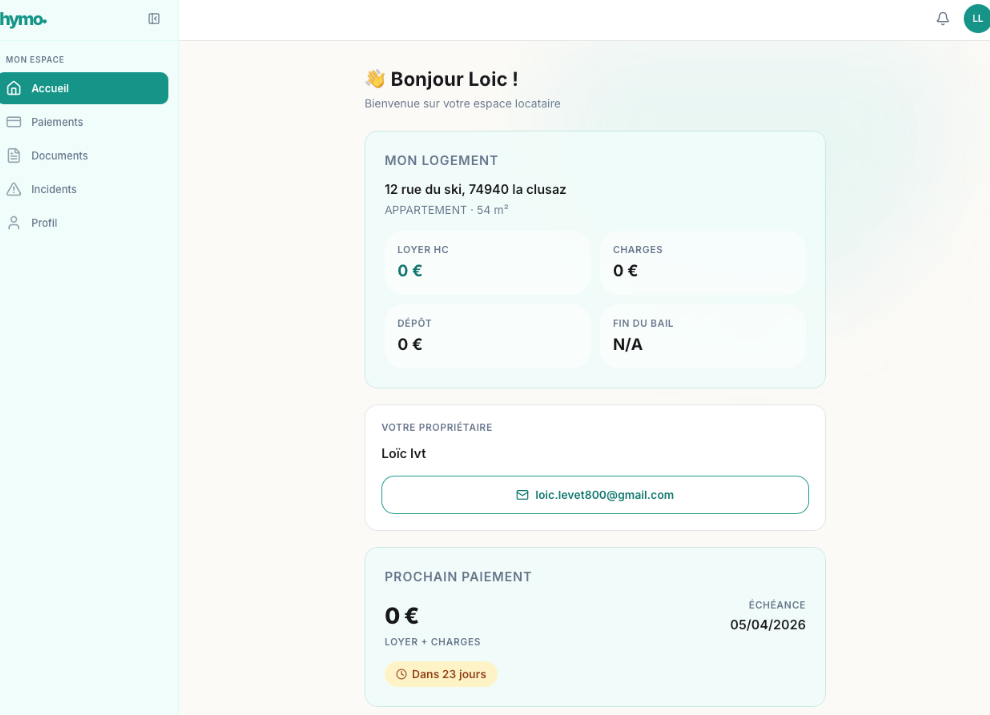 Portail locataire avec informations du logement et prochain paiement