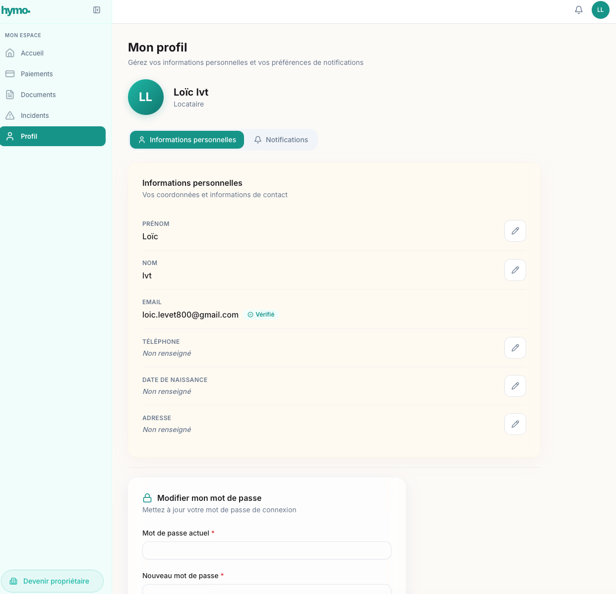 Profil du locataire avec informations personnelles et notifications