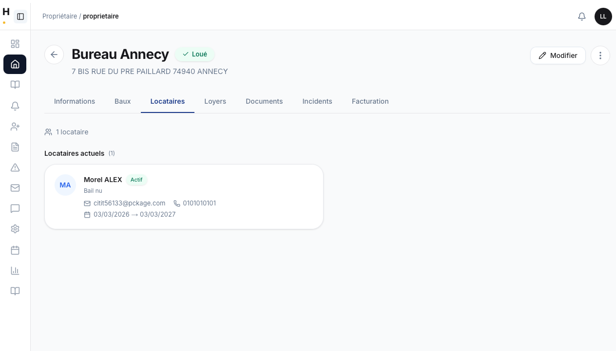 Liste des locataires du bien avec statut et informations de contact