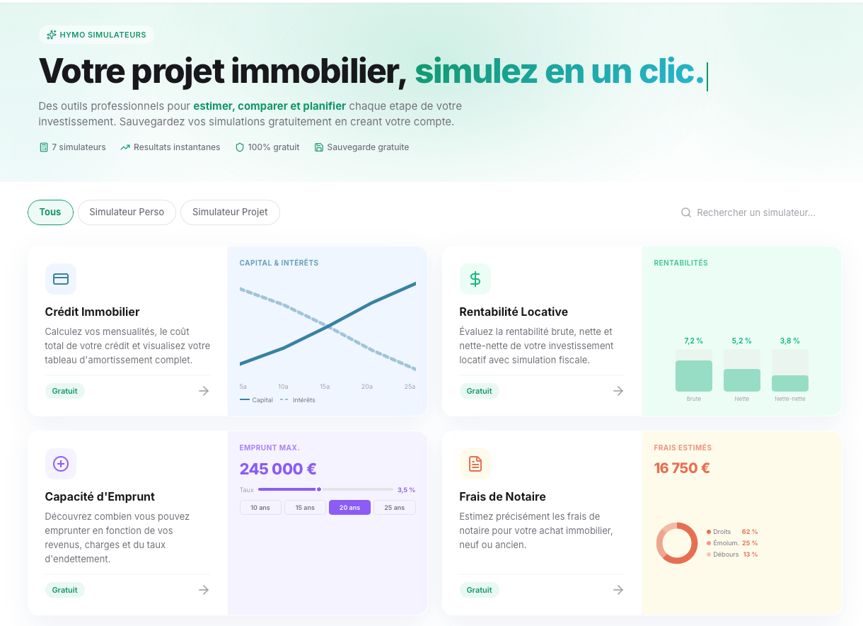 Page d'accueil des simulateurs avec grille des outils disponibles