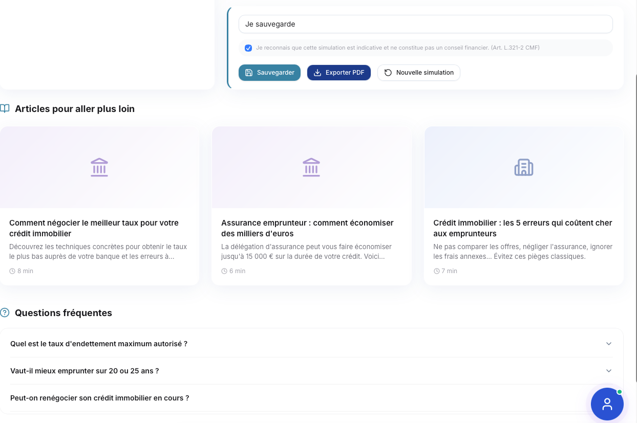 Actions de sauvegarde/export et articles recommandés sous le simulateur