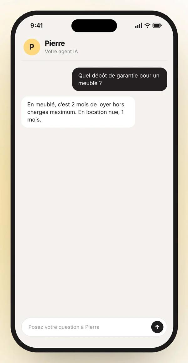 Pierre, l’agent IA d’Hymo, répond à une question sur le dépôt de garantie