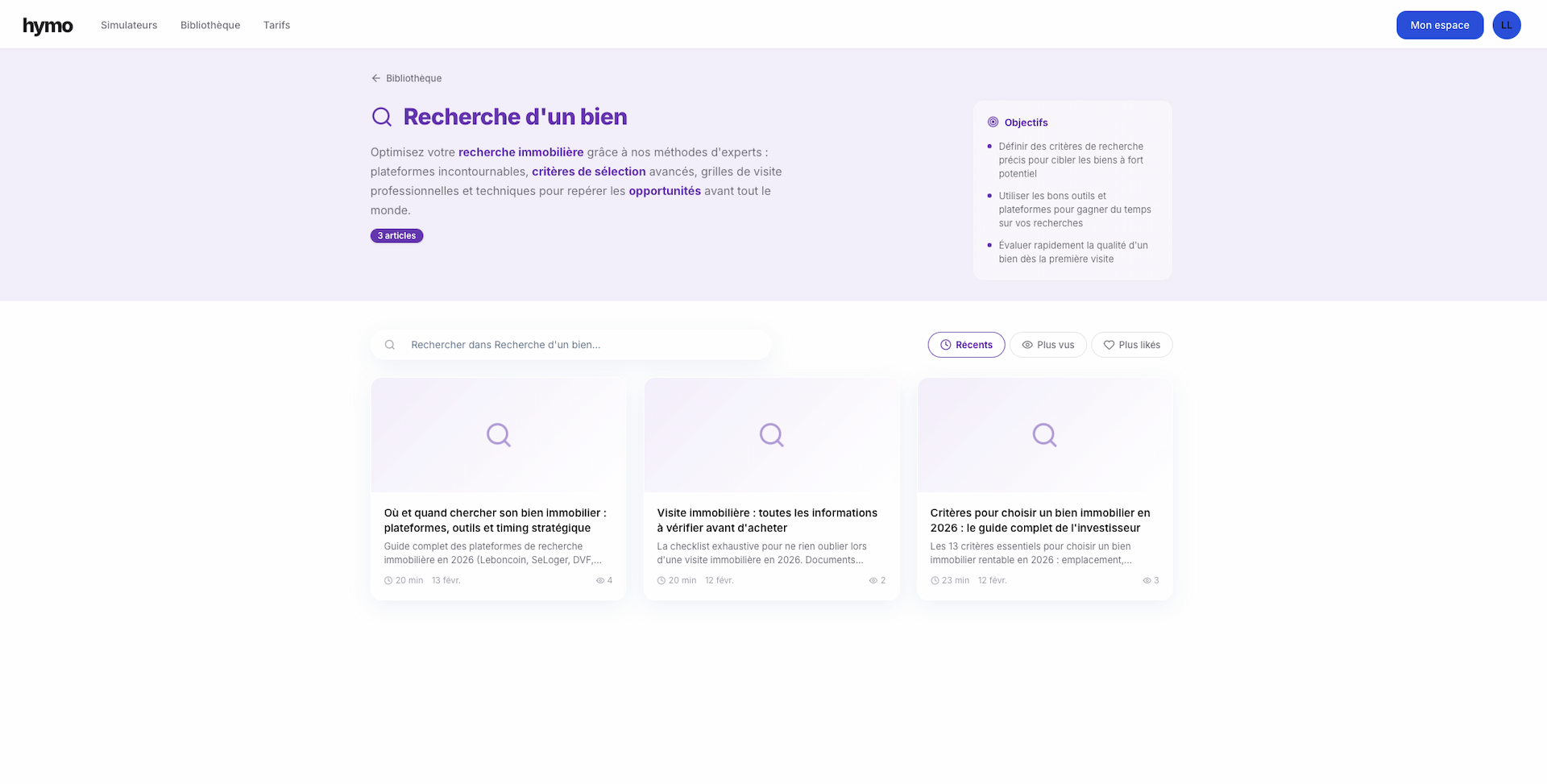 Page catégorie Recherche d'un bien avec objectifs et articles filtrables
