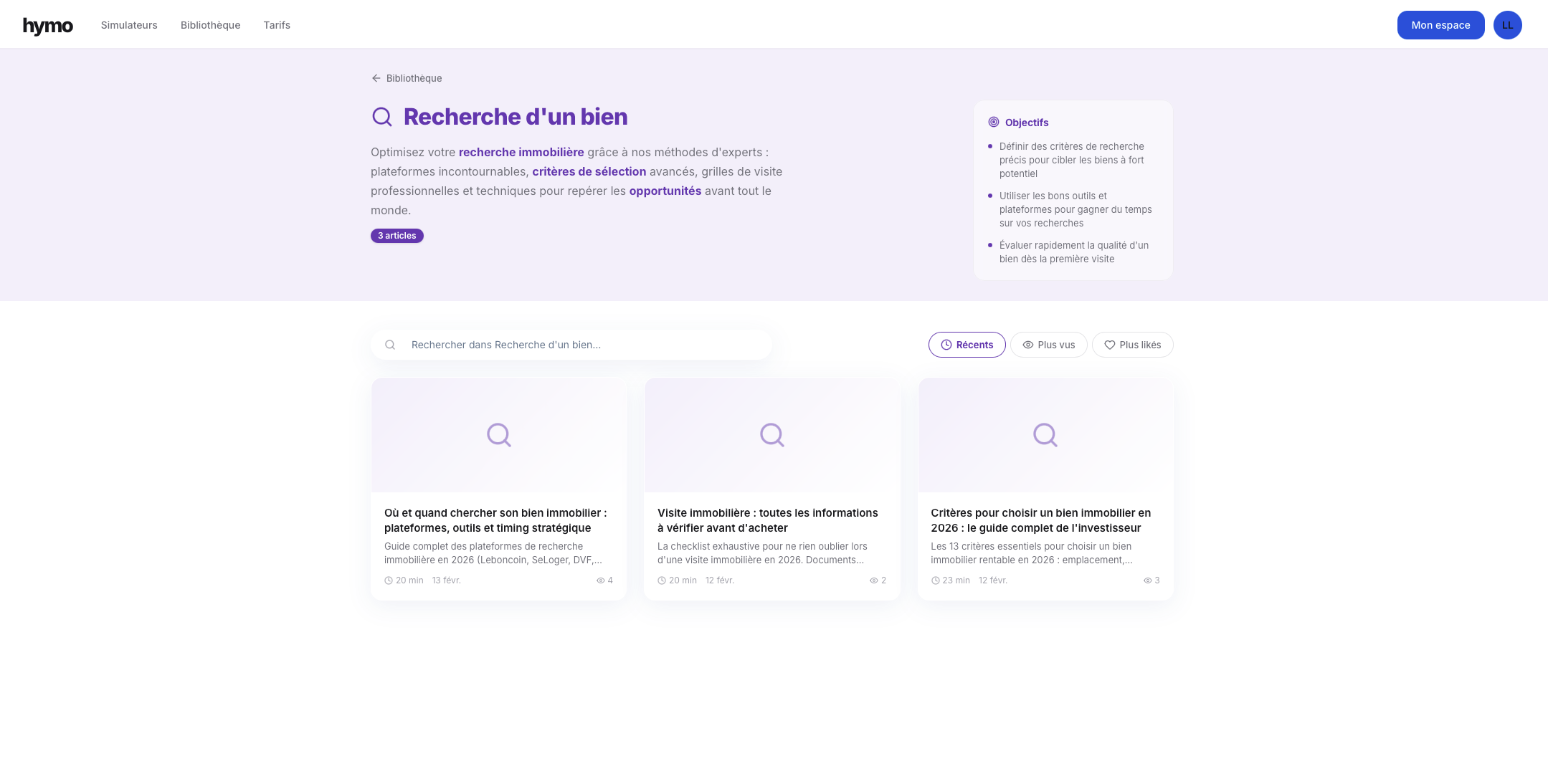 Page catégorie Recherche d'un bien avec objectifs et articles filtrables