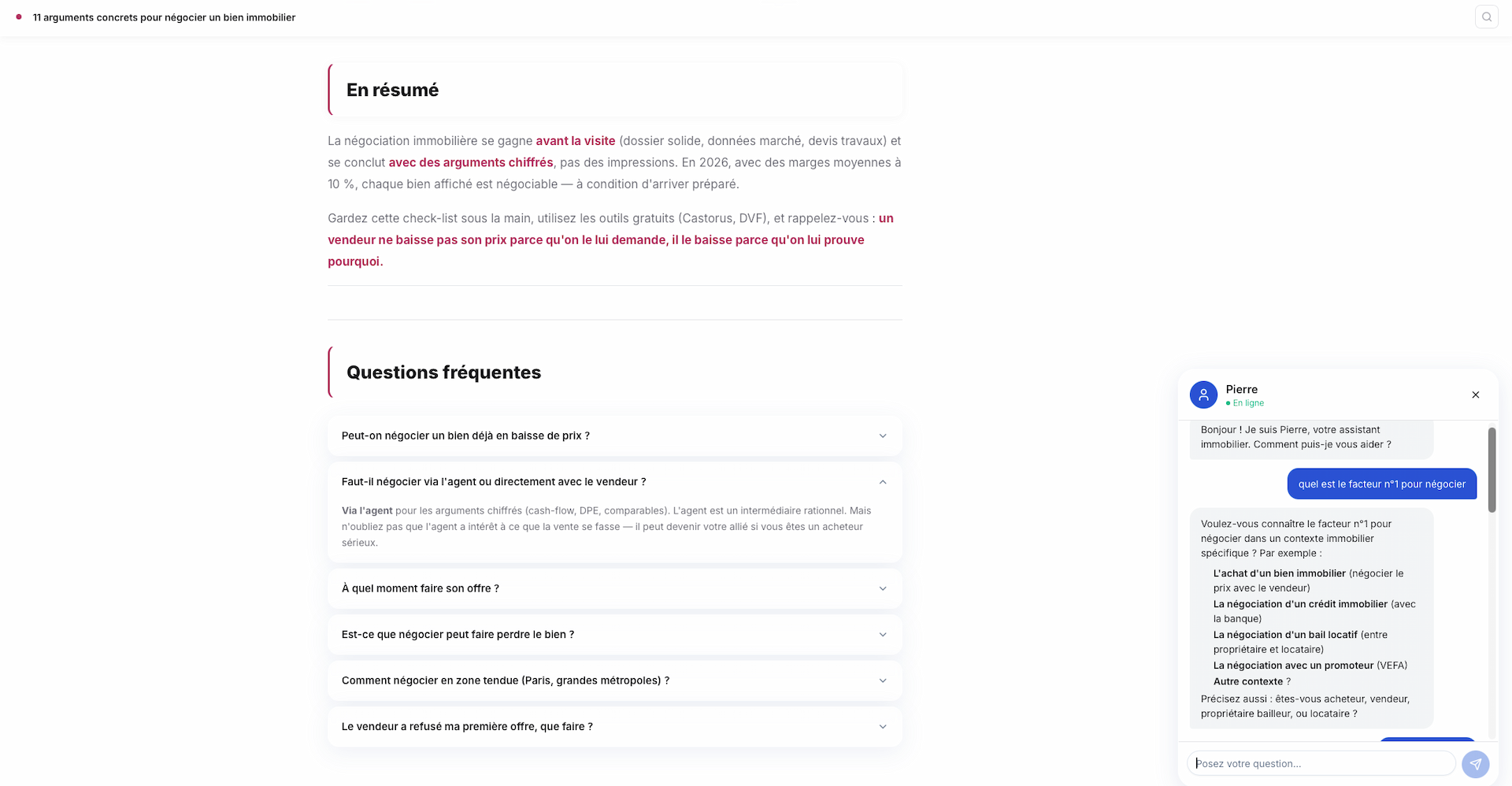 FAQ avec accordéons et chatbot IA Pierre pour assistance contextuelle