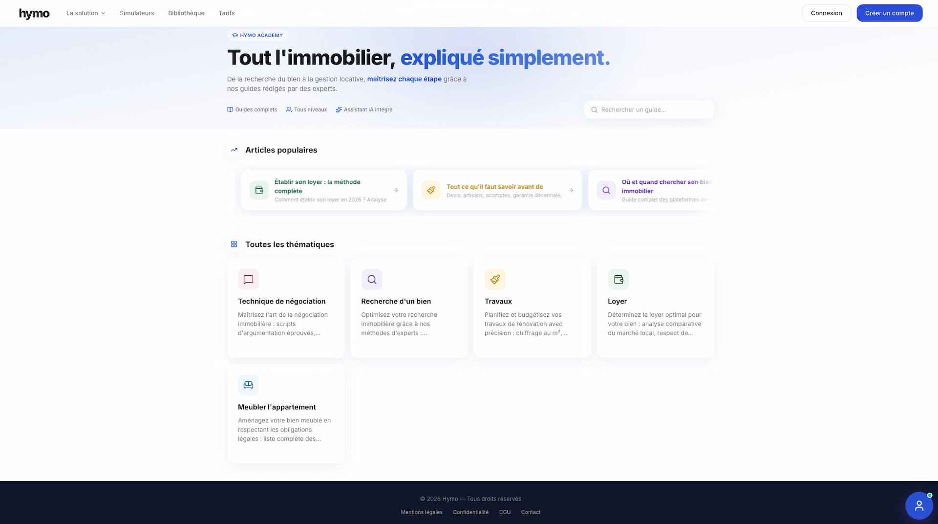 Page d'accueil Hymo Academy avec articles populaires et grille des thématiques