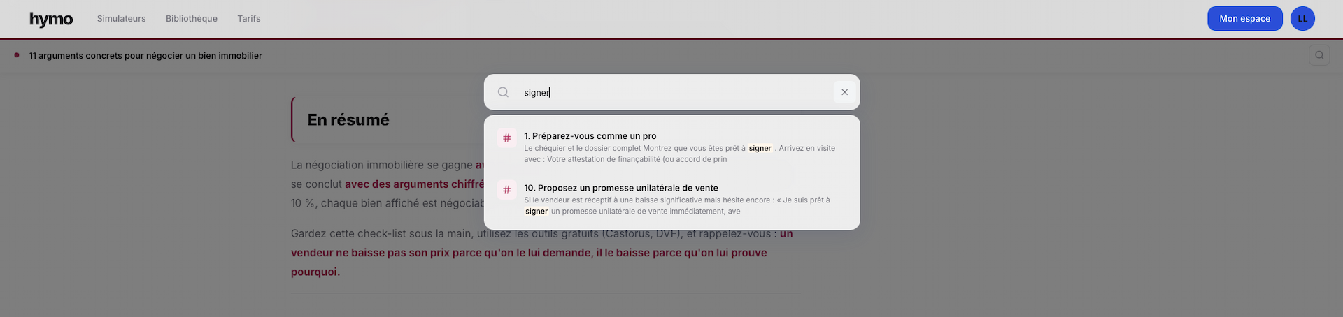 Modal de recherche dans l'article avec résultats en temps réel