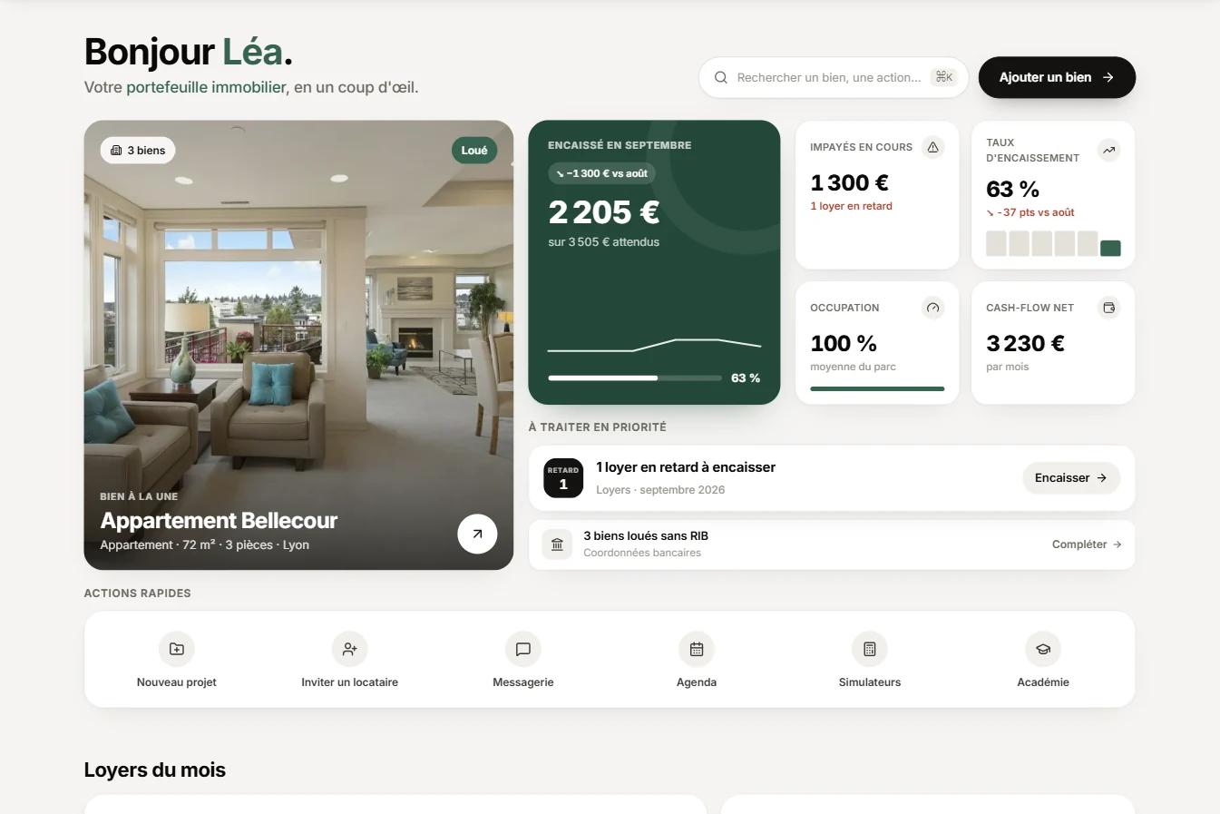 Tableau de bord Hymo : loyers encaissés, occupation, cash-flow et actions prioritaires