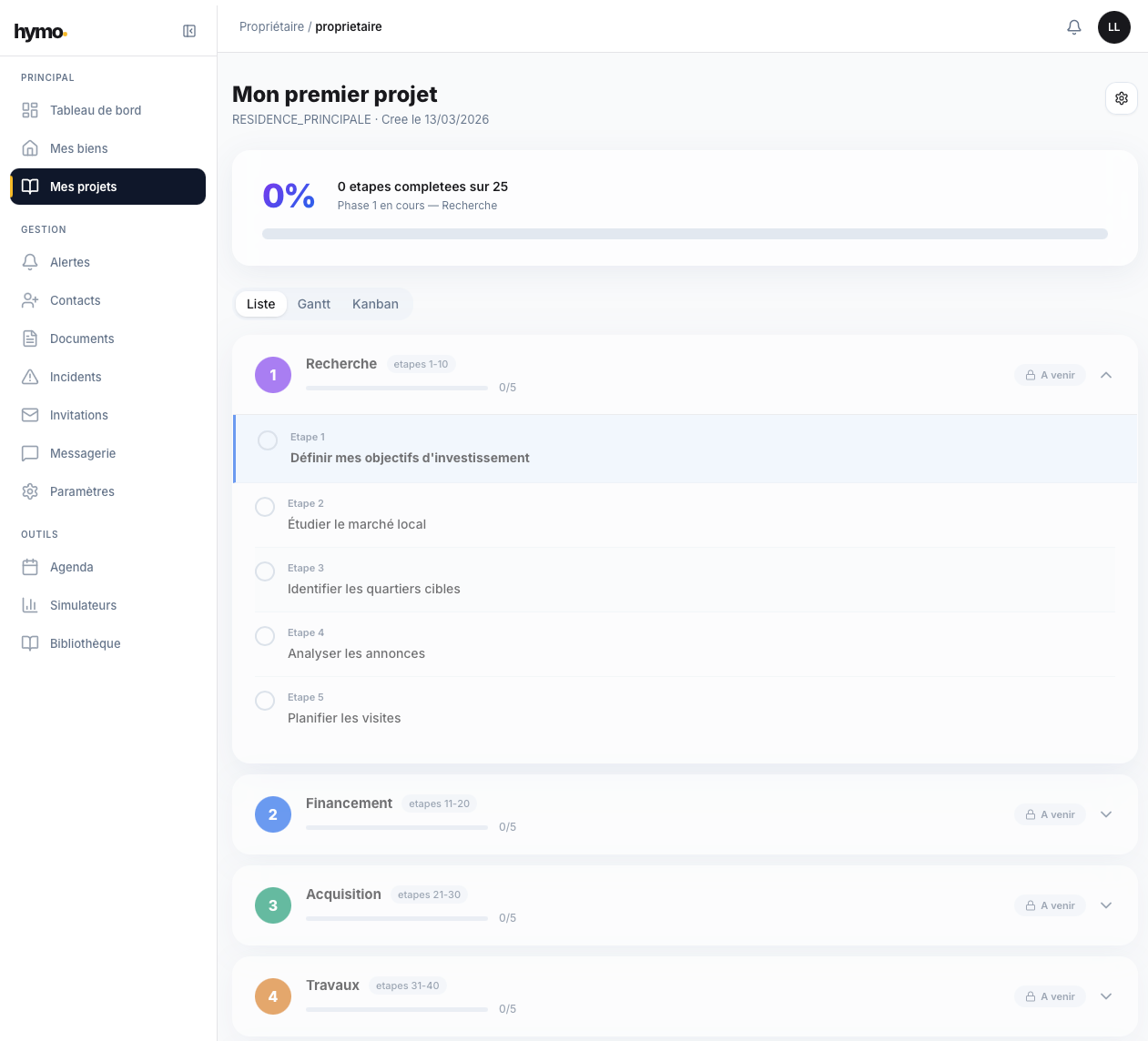 Vue liste du projet avec phases et étapes détaillées