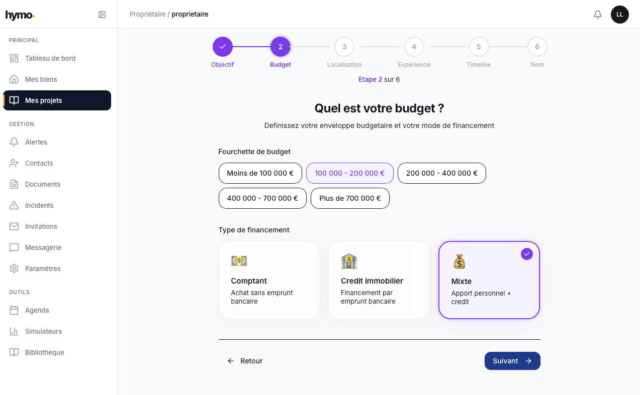 Wizard de création de projet - budget et type de financement